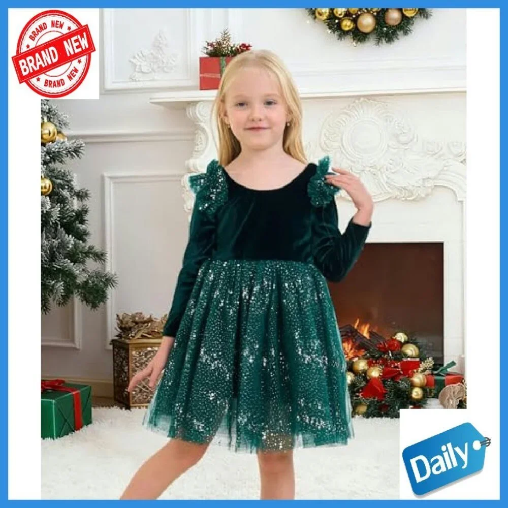 Velvet Tulle Sequin Tutu Dress Long Sleeve A-Line Kids Holiday Party